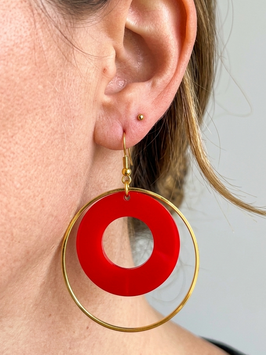 Phish Earrings - Large Red Donut in Gold Circle