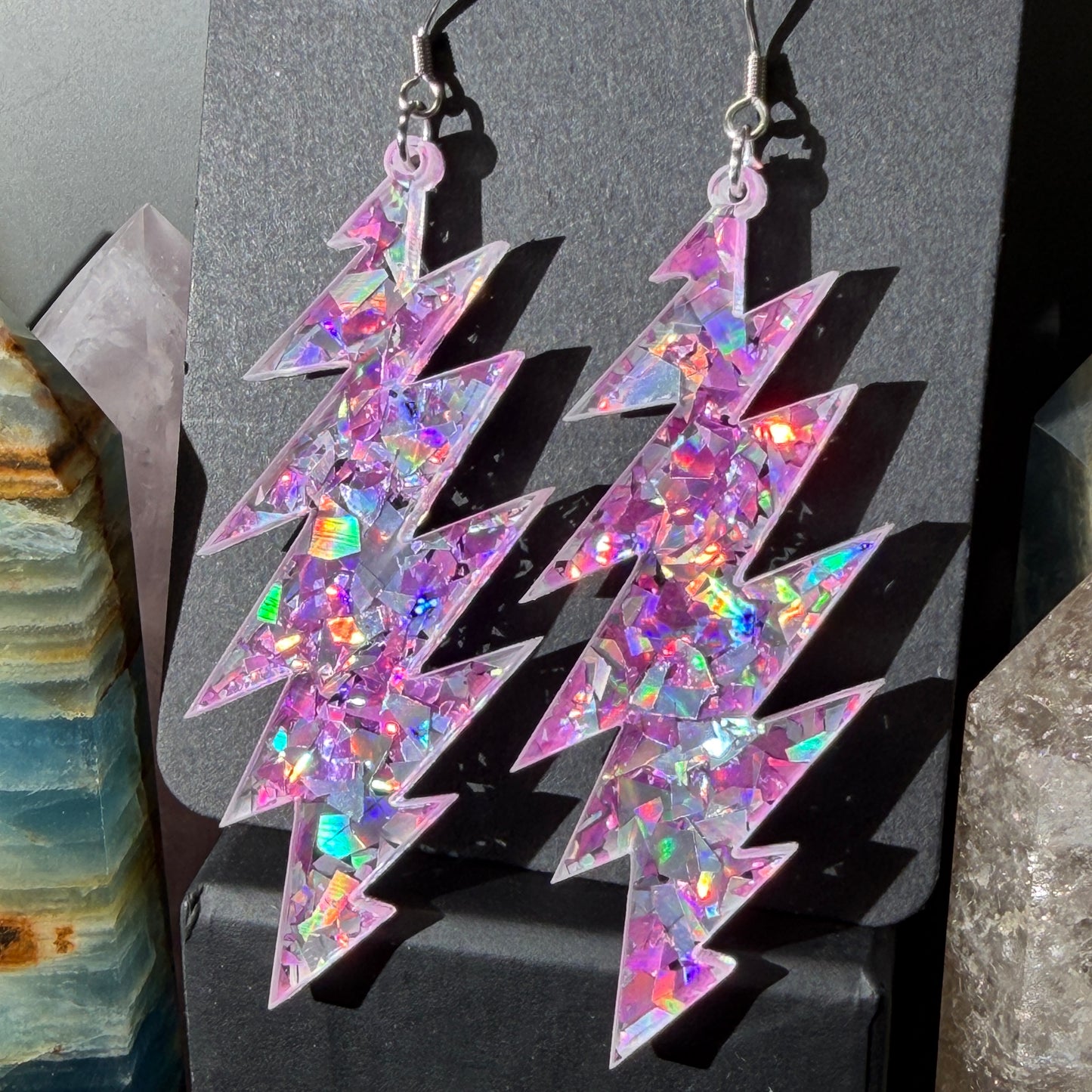 Franklin's Tower Glitter | Grateful Dead 13-Bolt Earrings | pink silver holographic sparkle