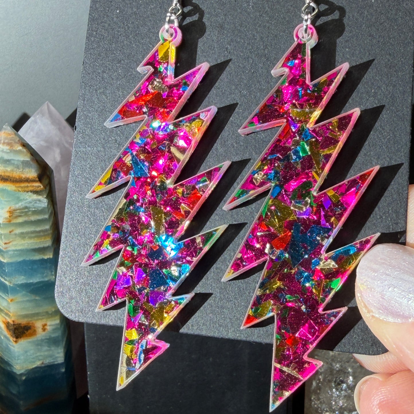 Sugar Magnolia Glitter | Grateful Dead 13-Bolt Earrings | pink yellow blue sparkle
