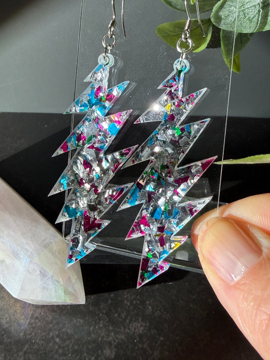 Box of Rain Glitter | Grateful Dead 13-Bolt Earrings | silver blue pink sparkle